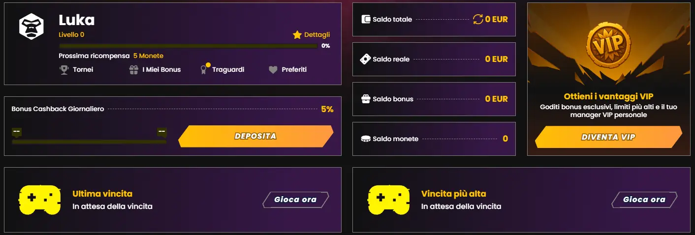 Dashboard dell'area personale di Wild Tokyo Casino