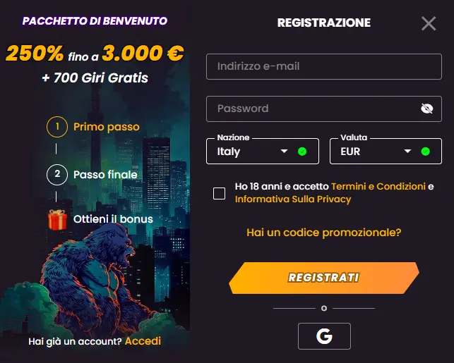 Registrazione su Wild Tokyo Casino